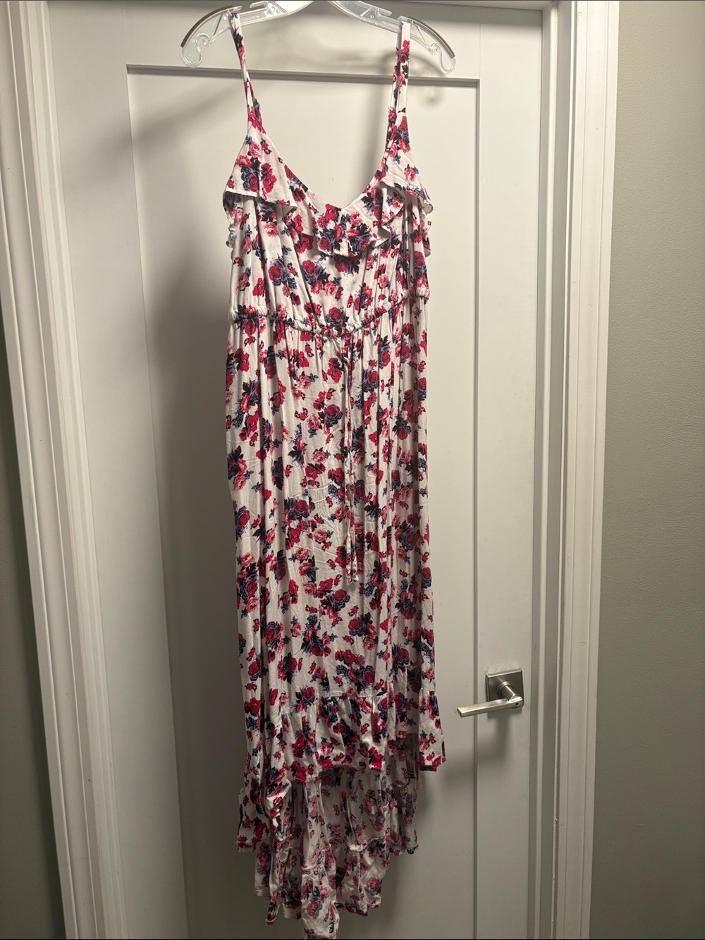Floral Ruffle High-Low Maxi Dress - White with Pink & Blue Flowers